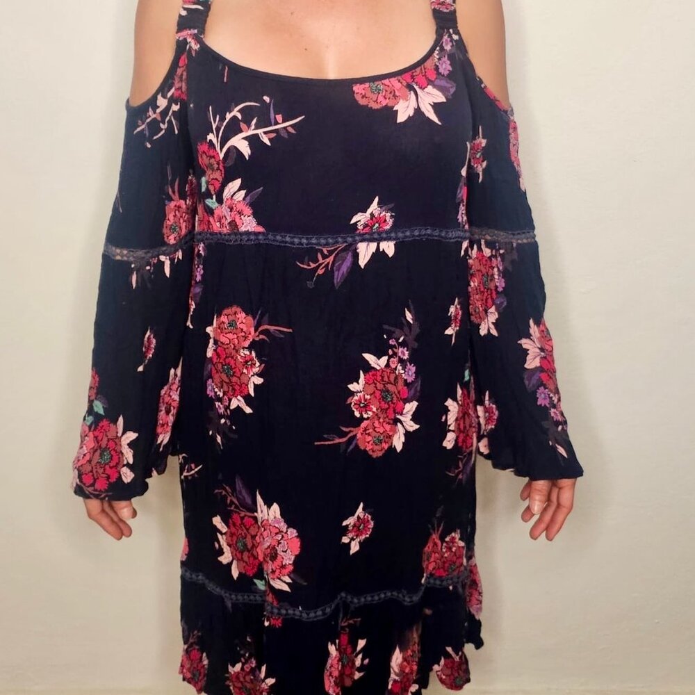 Navy Blue & Pink Floral Boho Dress